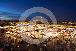 Jamaa el Fna market square at dusk, Marrakesh, Morocco, north Africa.