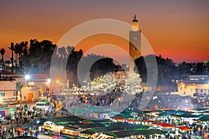 Jamaa el Fna market square with Koutoubia mosque, Marrakesh, Morocco, north Africa