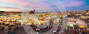 Jamaa el Fna market square in sunset, Marrakesh, Morocco, north Africa.