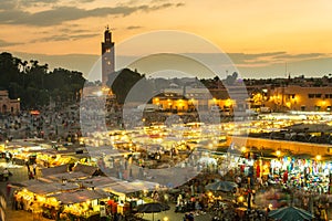 Jamaa el Fna market square in sunset, Marrakesh, Morocco, north Africa.