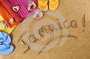 Jamaica beach sand word writing
