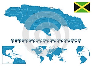 Jamaica - detailed blue country map with cities, regions, location on world map and globe. Infographic icons