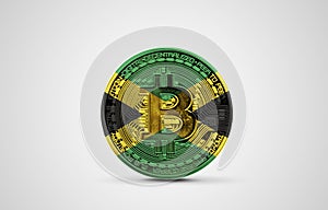 Jamaica flag on a bitcoin cryptocurrency coin. 3D Rendering