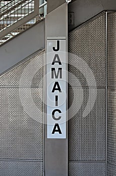 jamaica train station sign on train platform (long island, queens, new york city) commuter (subway) rail