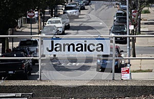 jamaica train station sign on train platform (long island, queens, new york city) commuter (subway) rail