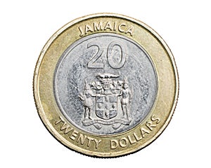 Jamaica twenty dollar coin on white isolated background