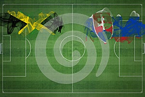 Jamaica vs Slovakia Soccer Match, national colors, national flags, soccer field, football game, Copy space