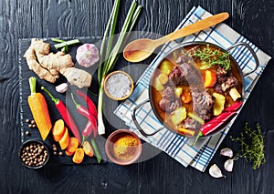 Jamaican Curried Goat in a pot, top view