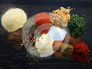 Jamaican Jerk Seasoning Ingredients on a Wood Background photo