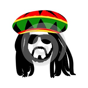 Jamaican rasta hat with dreadlocks and beard. Reggae style avatar. Isolated on white background. Vector.