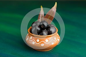 Jambolan plum or jambul or Jamun fruit, Java plum Syzygium cumini on textured background
