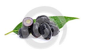 Jambolan plum, Java plum with drops of water on white background