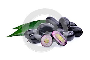 Jambolan plum or Java plum with green leaves isolated on white