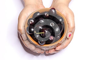 Jambolan plum or Java plum juice  on white background