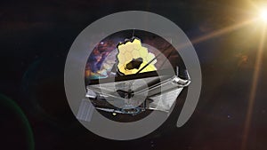 James Webb telescope explores deep space. JWST launch art. Elements of this image furnished by NASA