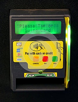 Jamestown, Virginia, U.S - July 1, 2020 - The option to pay with coins, cash, credit cards, or mobile payment with digital