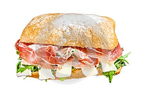Jamon Ham Sandwich on ciabatta bread with arugula and camembert brie cheese. Isolated on white background, Top view.
