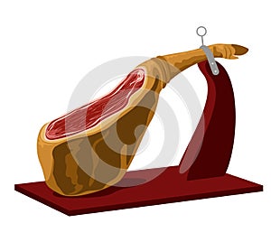 Jamon - leg of dried pork meat on a wooden stand. Jamon meat vector icon. Spanish ham dry cured pork leg with hoof