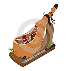 Jamon. Meat delicatessen on white background. Spanish dry cured pork leg with black hoof, jamon iberico bellota. Simple