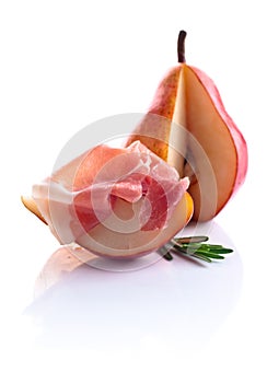 Jamon with pear isolated on white background