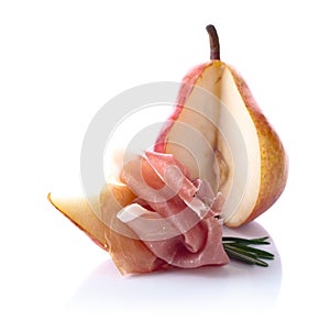 Jamon with pear isolated on white background photo