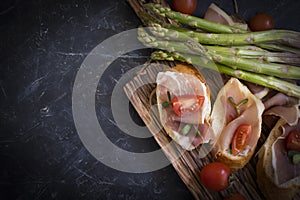 Jamon sandwich, dinner recipe banner bruschetta old background spanish