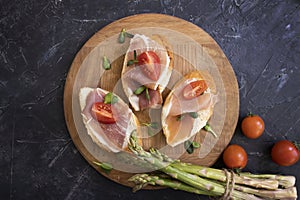 Jamon sandwich, dinner recipe gourmet bruschetta old background spanish