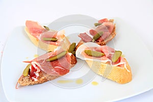 Jamon. Serrano ham, prosciutto served on bread. Tapas food
