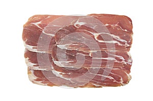 Jamon serrano. A Spanish ham isolated on white background. Traditional spanish jamon sliced. Dry cured meat ham. Hamon iberico