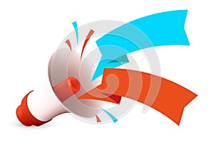 JAN-23D render of a hand speaker with flying ribbons. Vector illustration of megaphone or a loudspeaker with tags and an empty