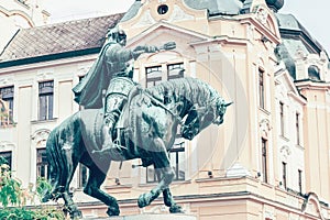 Jan Hunyadi statue on the main square in Pecs,Hungary.