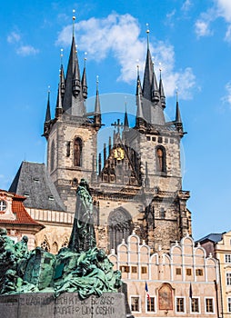 Jan Hus monument & The Church of Our Lady before Tyn