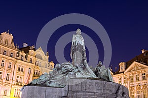 Jan Hus monument night Old Town Prague