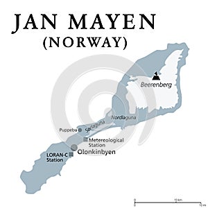 Jan Mayen, Norwegian volcanic island in Arctic Ocean, gray political map