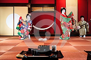 Japanese Maiko, Geisha perform dancing show in Japanese Tatami