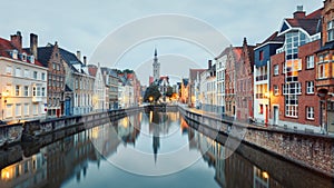 Jan van Eyck Square over the waters of Spiegelrei, Bruges