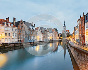 Jan van Eyck Square over the waters of Spiegelrei, Bruges