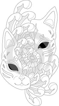 Jananese cat mask with peony flower sketch template. Cartoon graphic vector illustration in black and white