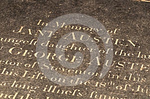 Jane Austen`s Grave in Winchester Cathedral, UK