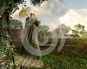 Jane Austen style woman strolling countryside