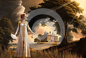 Jane Austen style woman strolls through a Regency era English countryside