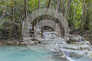 Jangle landscape with flowing turquoise water of Erawan cascade waterfall