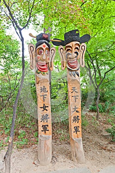 Jangseung totem poles in Namsangol Hanok Village of Seoul