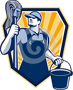 Janitor Cleaner Hold Mop Bucket Shield Retro