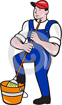 Janitor Cleaner Holding Mop Bucket Cartoon