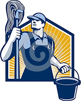 Janitor Cleaner Holding Mop Bucket Retro