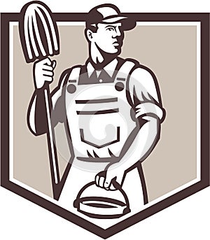 Janitor Cleaner Holding Mop Bucket Shield Retro