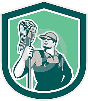 Janitor Cleaner Holding Mop Shield Retro