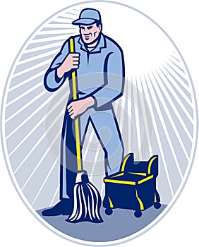 Janitor Cleaner With Mop Cleaning Retro