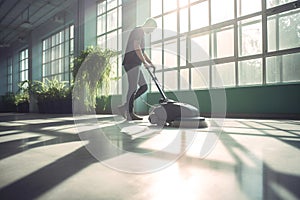 Janitor cleaning floor with polishing machine indoors. Scrubber machine for stone or parquet floor cleaning. Generative AI